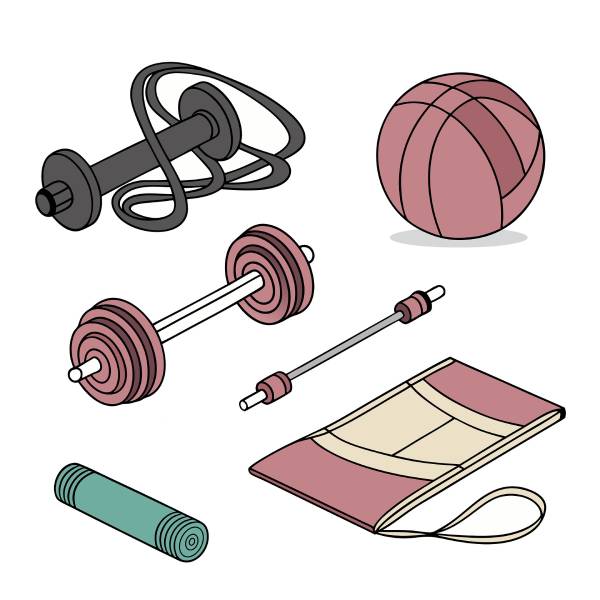 Illustration med olika träningsredskap, bland annat yogamatta, motståndsband och hantlar
